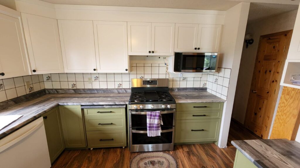 White and mint cabinets storage in a kitchen
