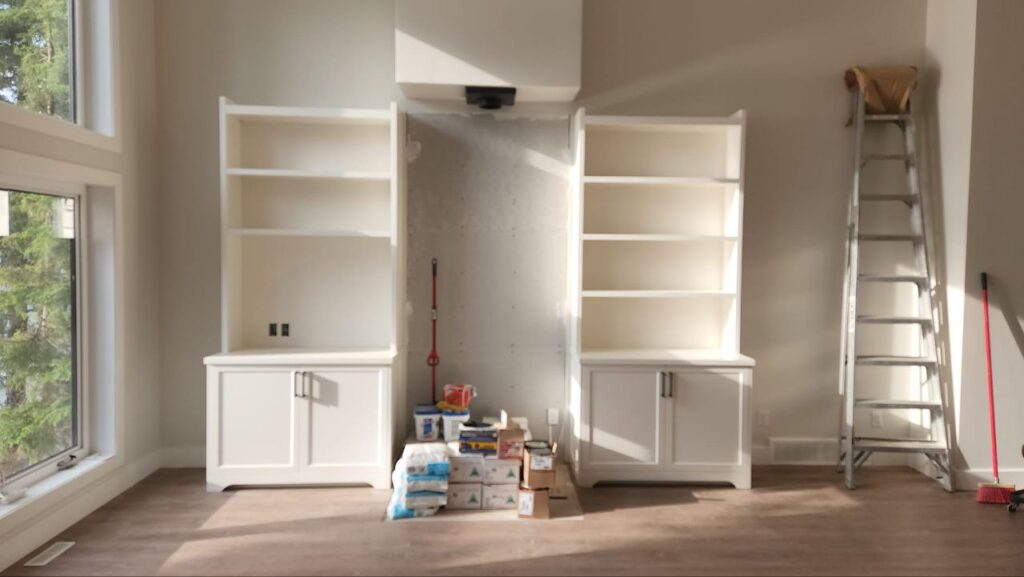 modern white tall cabinets in a living room