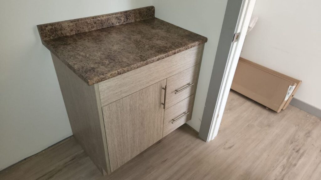 Drawer storage with brown countertops