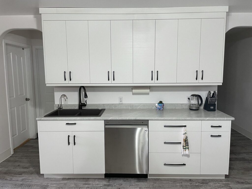 White wooden cabinets in a modern kitchen.