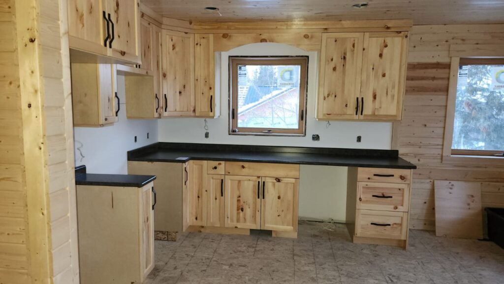 wooden beige cabinets in a cabin house