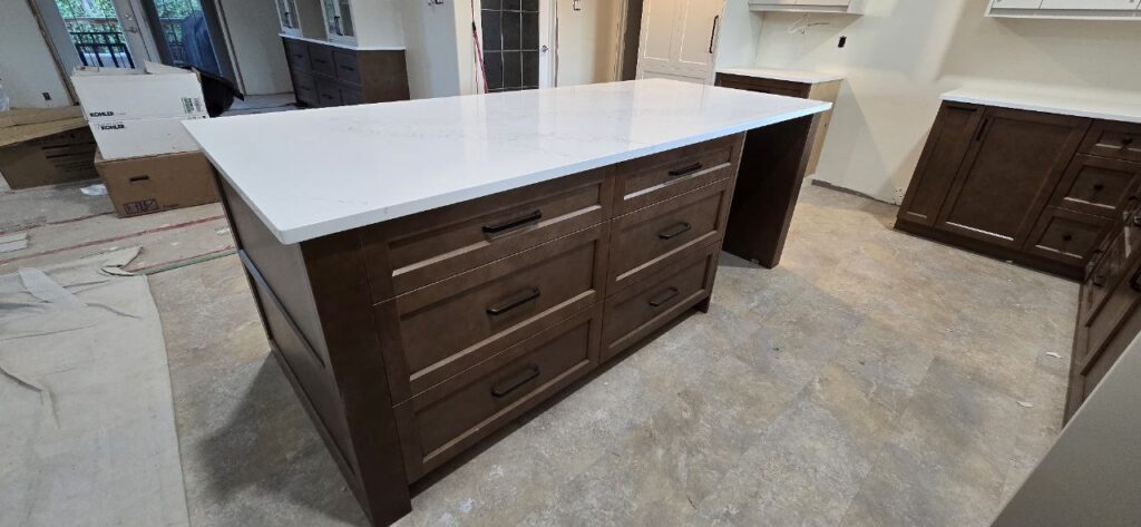 Wooden cabinet with a white marble countertop